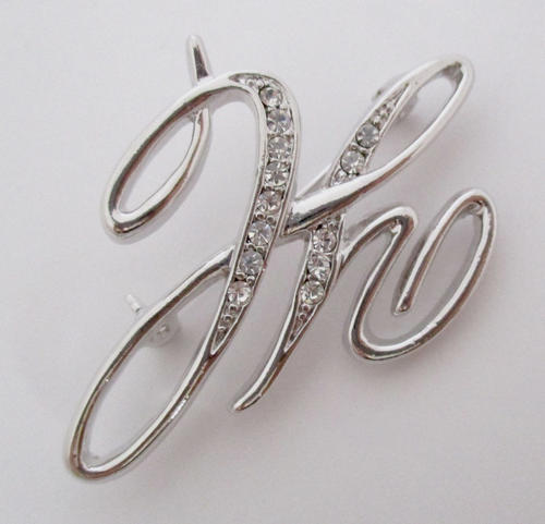 Pitula The Jeweler. silver tone initial letter H rhinestone brooch pin ...